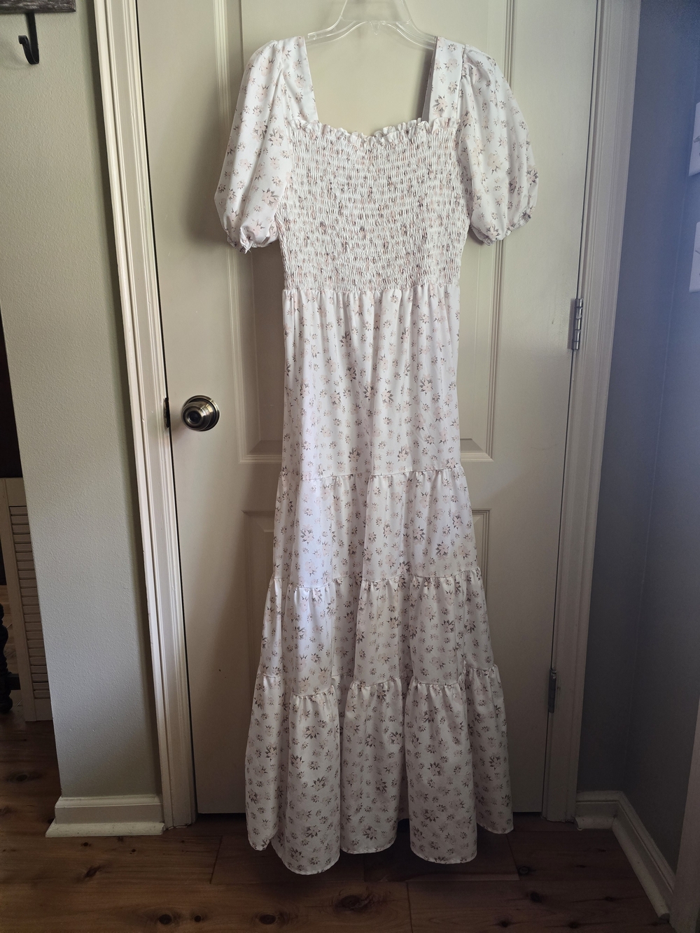 White Floral Smocked Maxi Dress with Puff Sleeves
